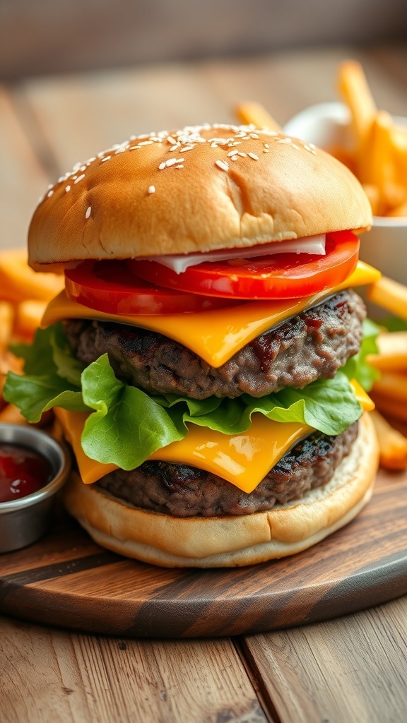 A classic hamburger with beef patty, cheese, lettuce, and tomato on a toasted bun, served with fries.